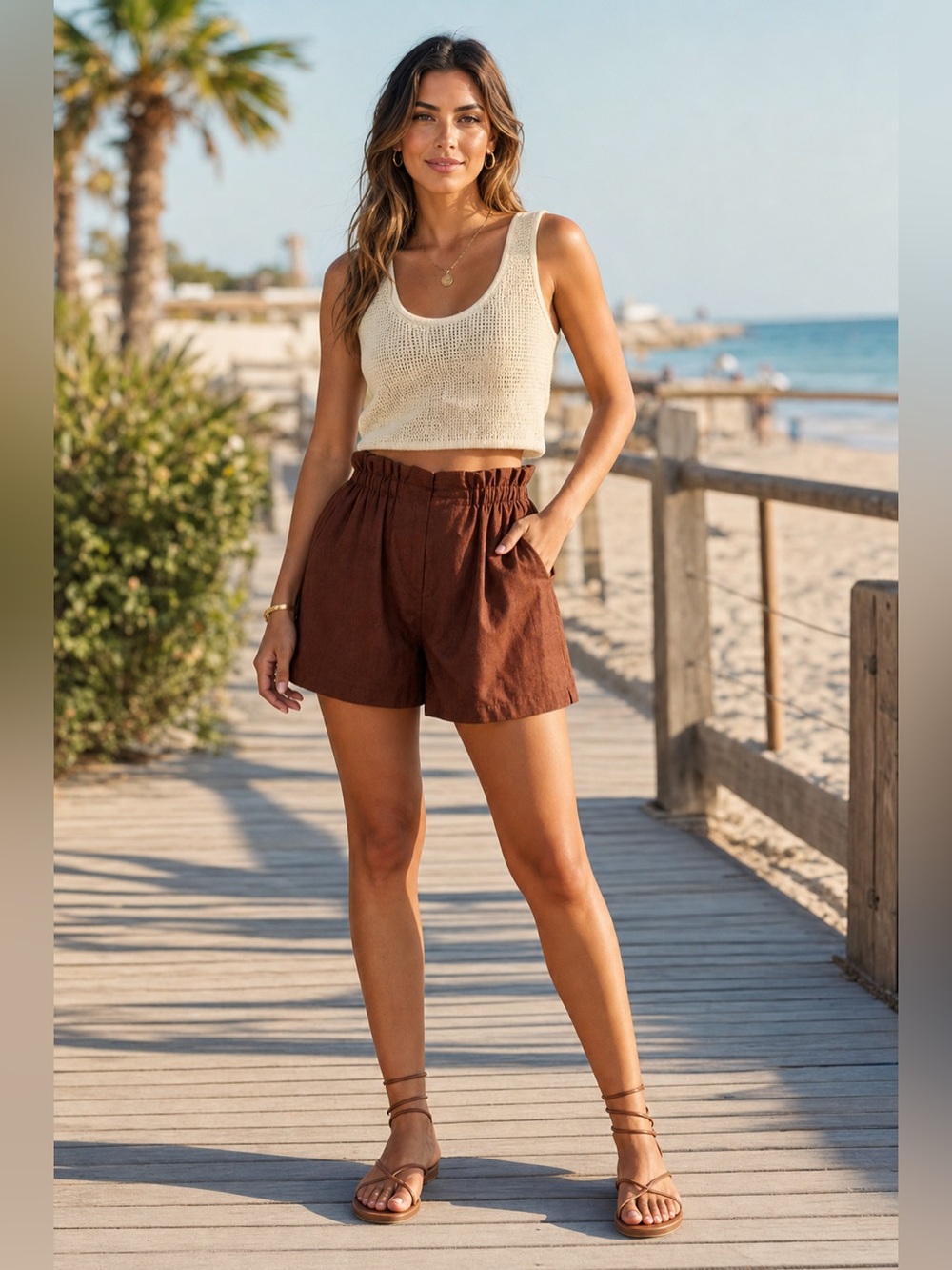 House of Harlow 1960 Cream Knit Crop Tank & Brown High-Waist Shorts Set